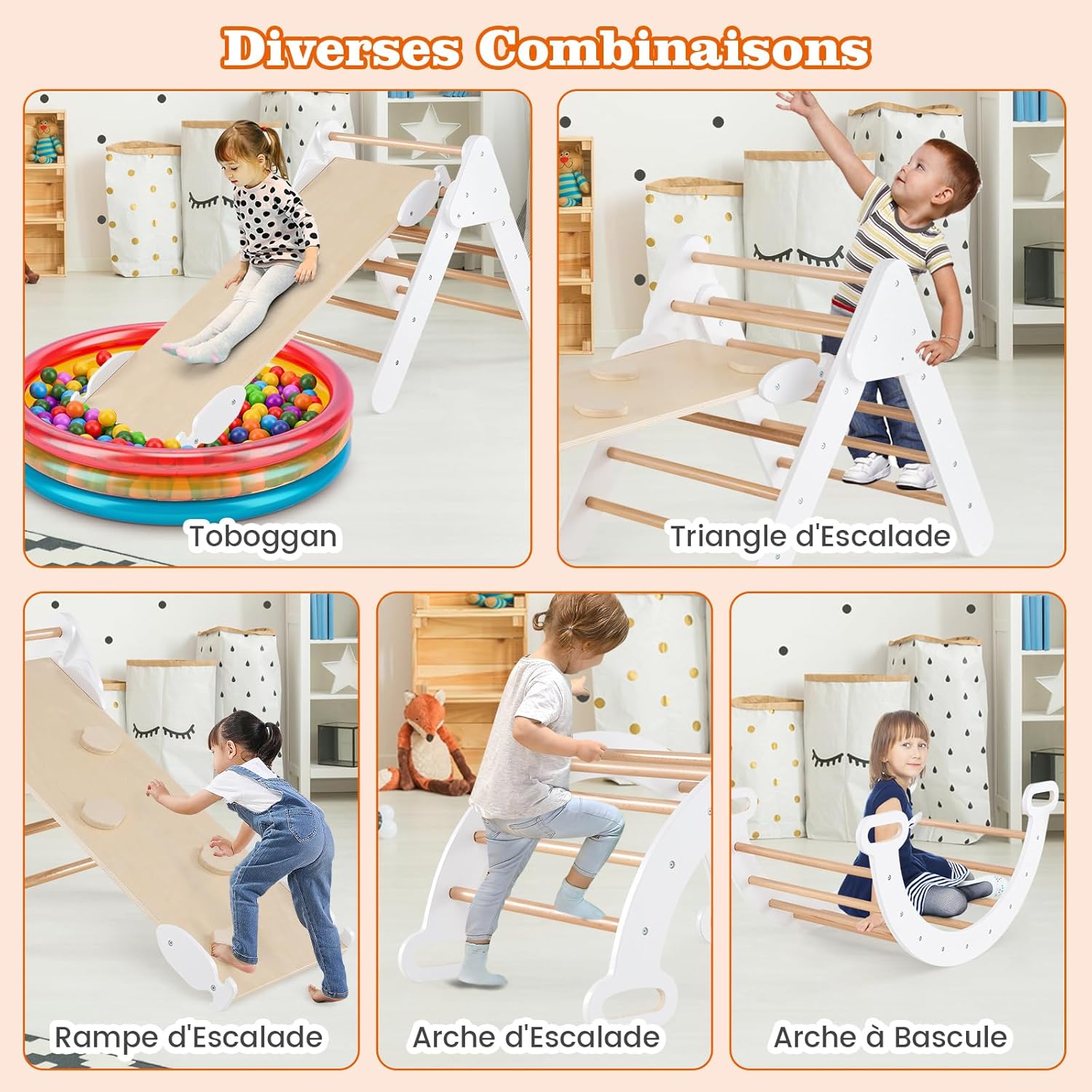 GOPLUS 7 en 1 Triangle Arche Montessori, Arche d'escalade Enfants avec Toboggan Bois,Rampe, Échelle Réglable, Charge 50KG, pour Tout-Petits Bébé 1 Ans+(Gris)