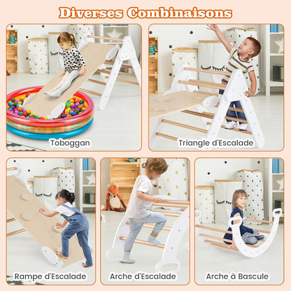 GOPLUS 7 en 1 Triangle Arche Montessori, Arche d'escalade Enfants avec Toboggan Bois,Rampe, Échelle Réglable, Charge 50KG, pour Tout-Petits Bébé 1 Ans+(Gris)