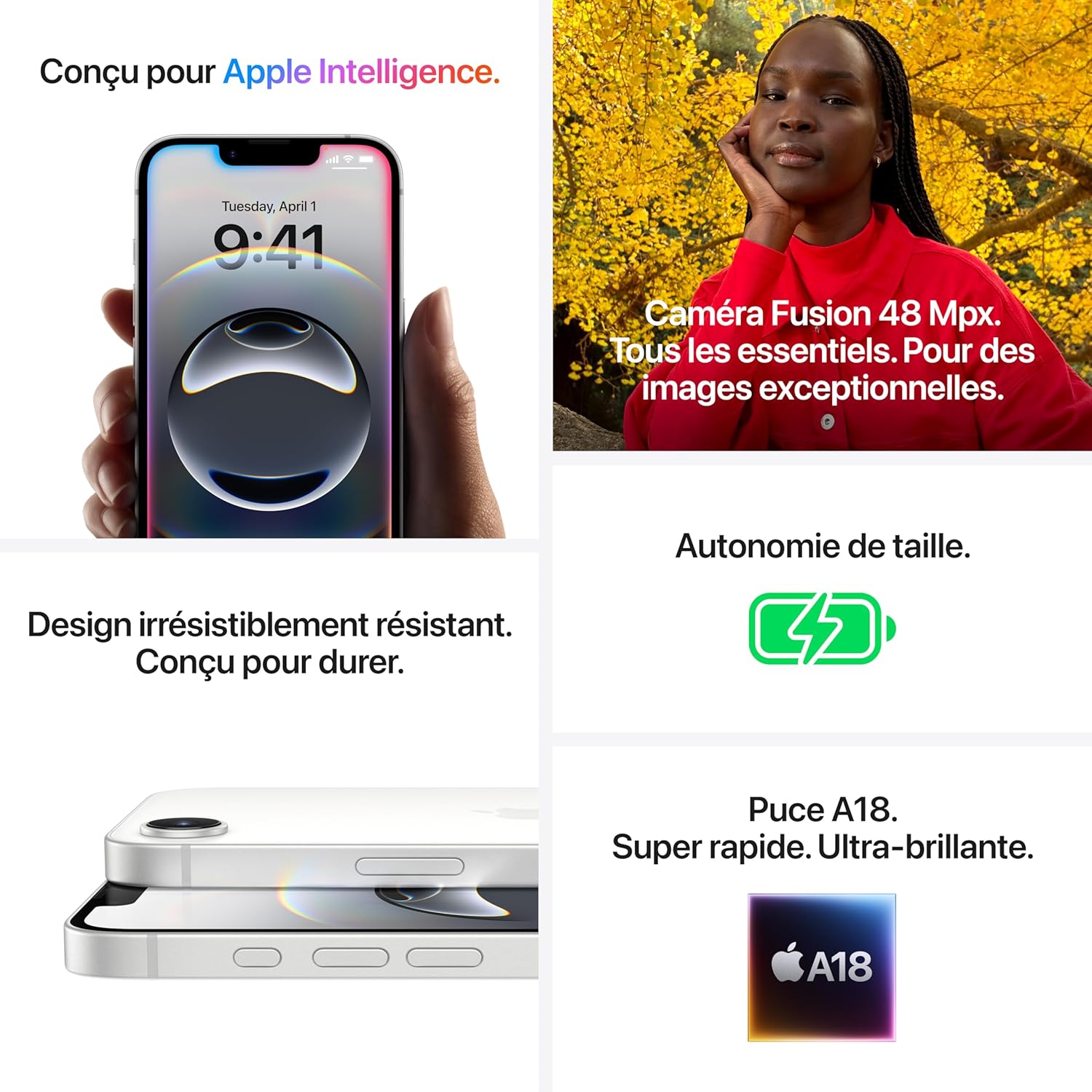 Apple iPhone 16e 128 Go : Conçu pour Apple Intelligence, Puce A18, Autonomie de Taille, Caméra Fusion 48 Mpx, Écran Super Retina XDR de 6,1 Pouces; Noir
