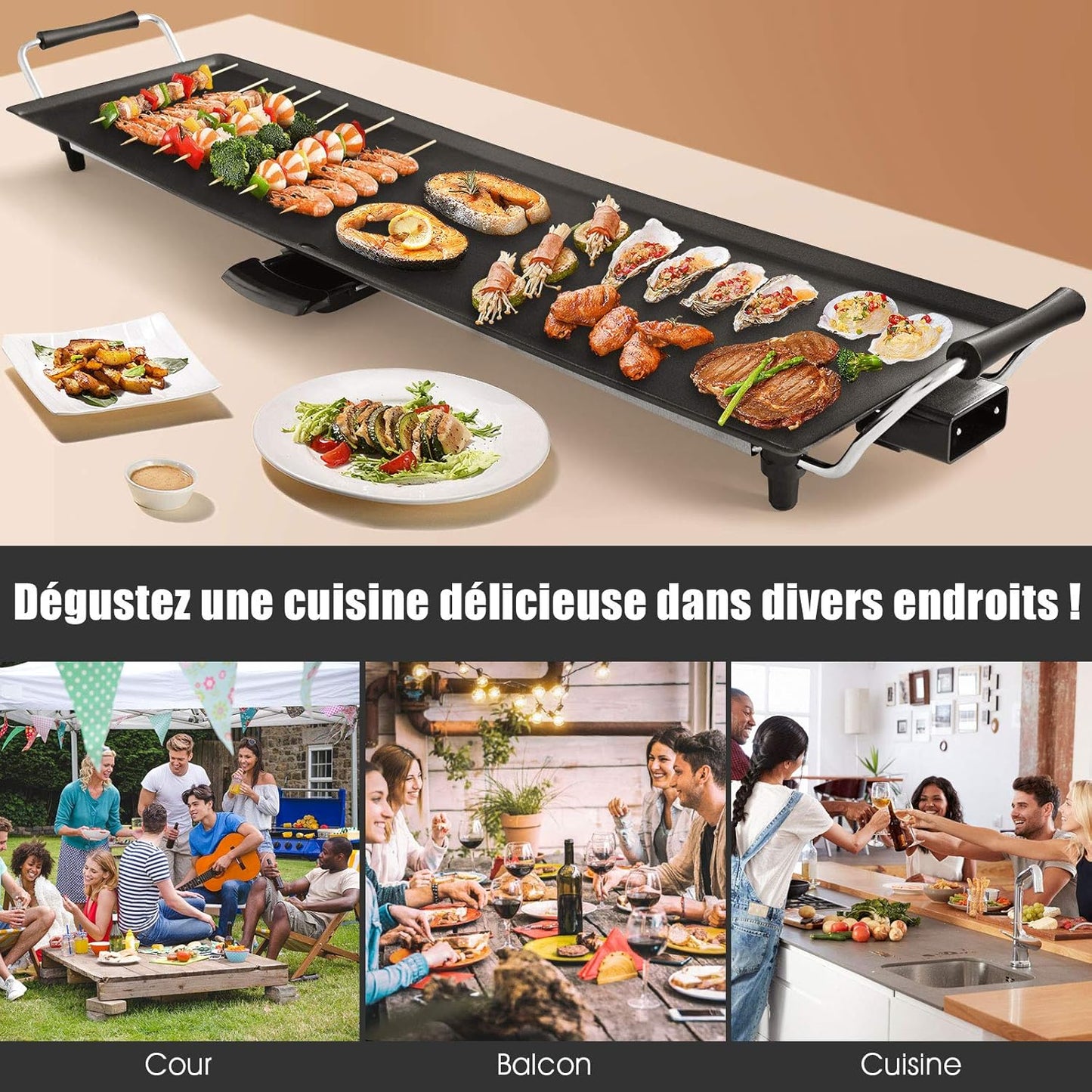 GOPLUS Plancha Électrique XXL Antiadhésive avec Thermostat Ajustable, Grille de Table Antidérapante et Lavable avec Poignée Rembourrée, Grande Capacité pour 8 Personnes, 1800W, 90 x 23CM