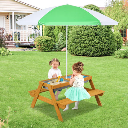 GOPLUS Table Enfant avec Banc et Parasol, 3 en 1 Banc Convertible avec Plateau Amovible et 2 Boîtes de Rangement, Table d’Activité en Bois pour Extérieur, Jardin (Vert+Blanc)