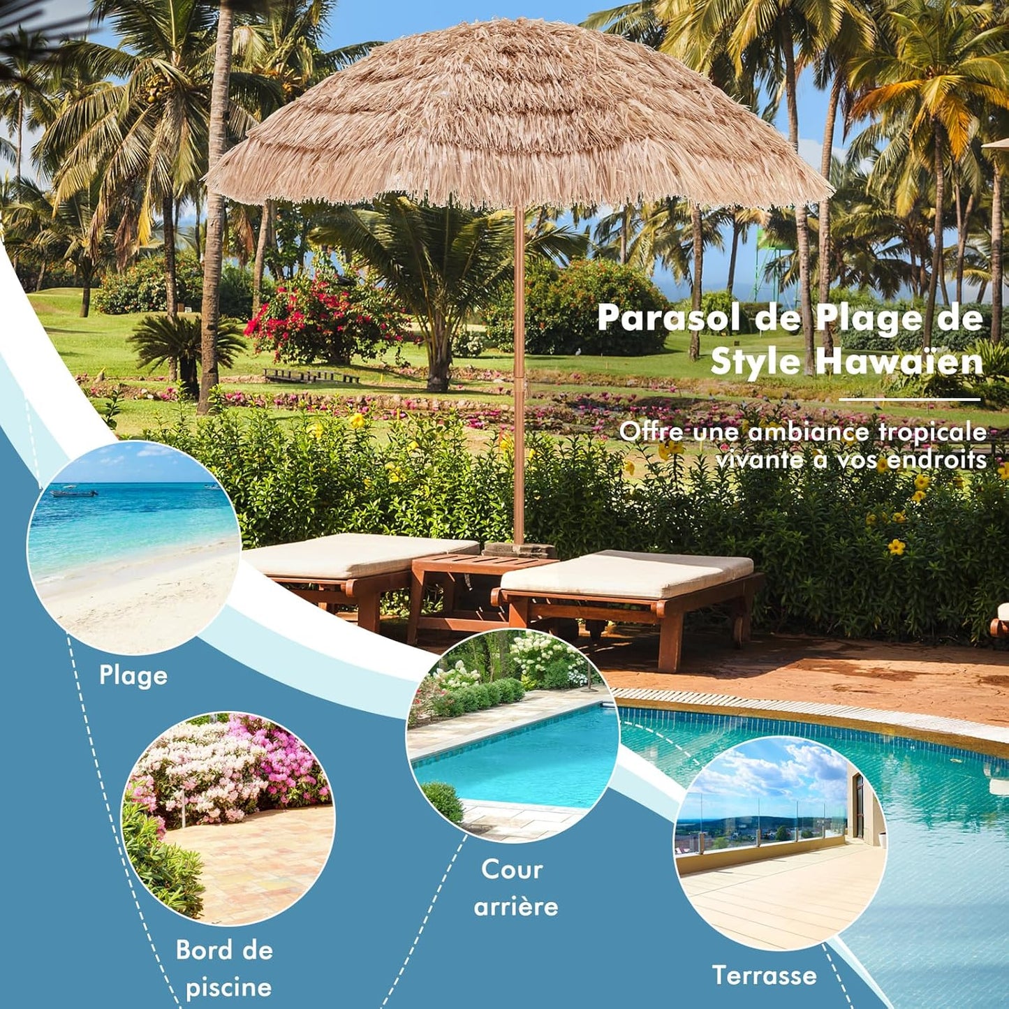 GOPLUS 2,2M Parasol Paille de Plastique, Parasol de Plage avec 8 Baleines, Parasol Inclinable de Style Tropical Hawaïen, UPF 30+, Parasol de Jardin Patio Terrasse, Base Non Inclus (Naturel)