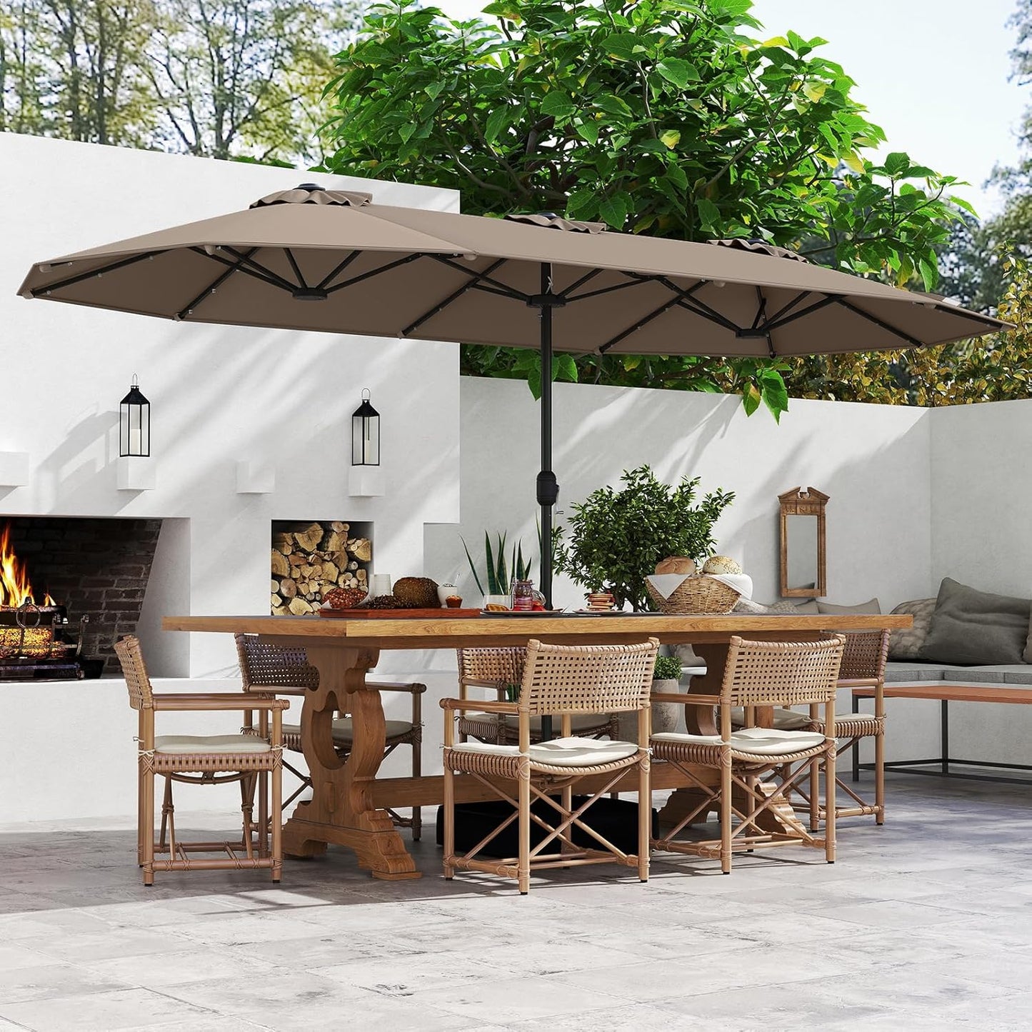 GOPLUS Parasol de Jardin Exterieur avec Pied, 4M Parasol Double Face avec LED, Manivelle et Ventilation, Grand Parasol Extérieur pour 6 Personnes pour Marché, Piscine, Terrasse, Balcon (Café)