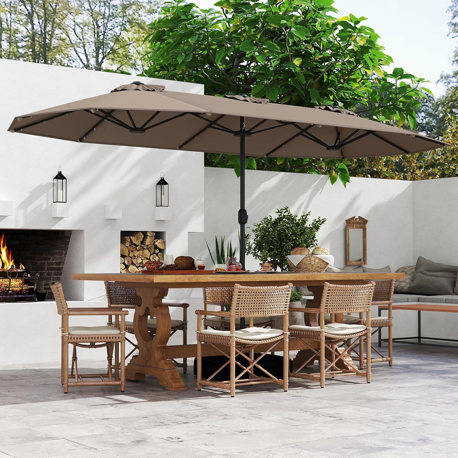 GOPLUS Parasol de Jardin Exterieur avec Pied, 4M Parasol Double Face avec LED, Manivelle et Ventilation, Grand Parasol Extérieur pour 6 Personnes pour Marché, Piscine, Terrasse, Balcon (Café)