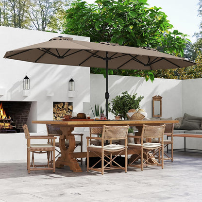 GOPLUS Parasol de Jardin Exterieur avec Pied, 4M Parasol Double Face avec LED, Manivelle et Ventilation, Grand Parasol Extérieur pour 6 Personnes pour Marché, Piscine, Terrasse, Balcon (Café)