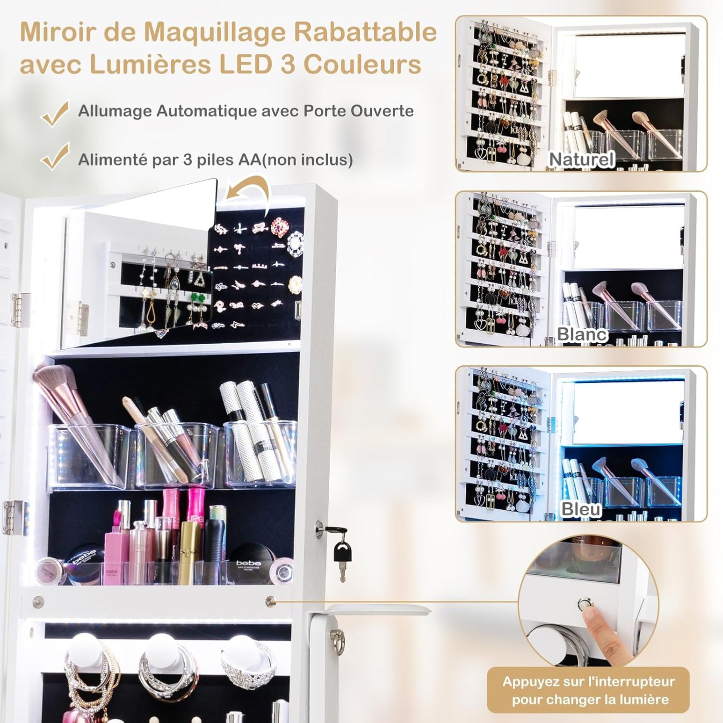 GOPLUS Armoire à Bijoux avec Miroir sur Pied, 2 en 1 Organisateur de Bijoux Verrouillable avec Lumières LED 3 Couleurs, 3 Angles Réglables, Armoire de Rangement Modern pour Collier, Bague, Blanc