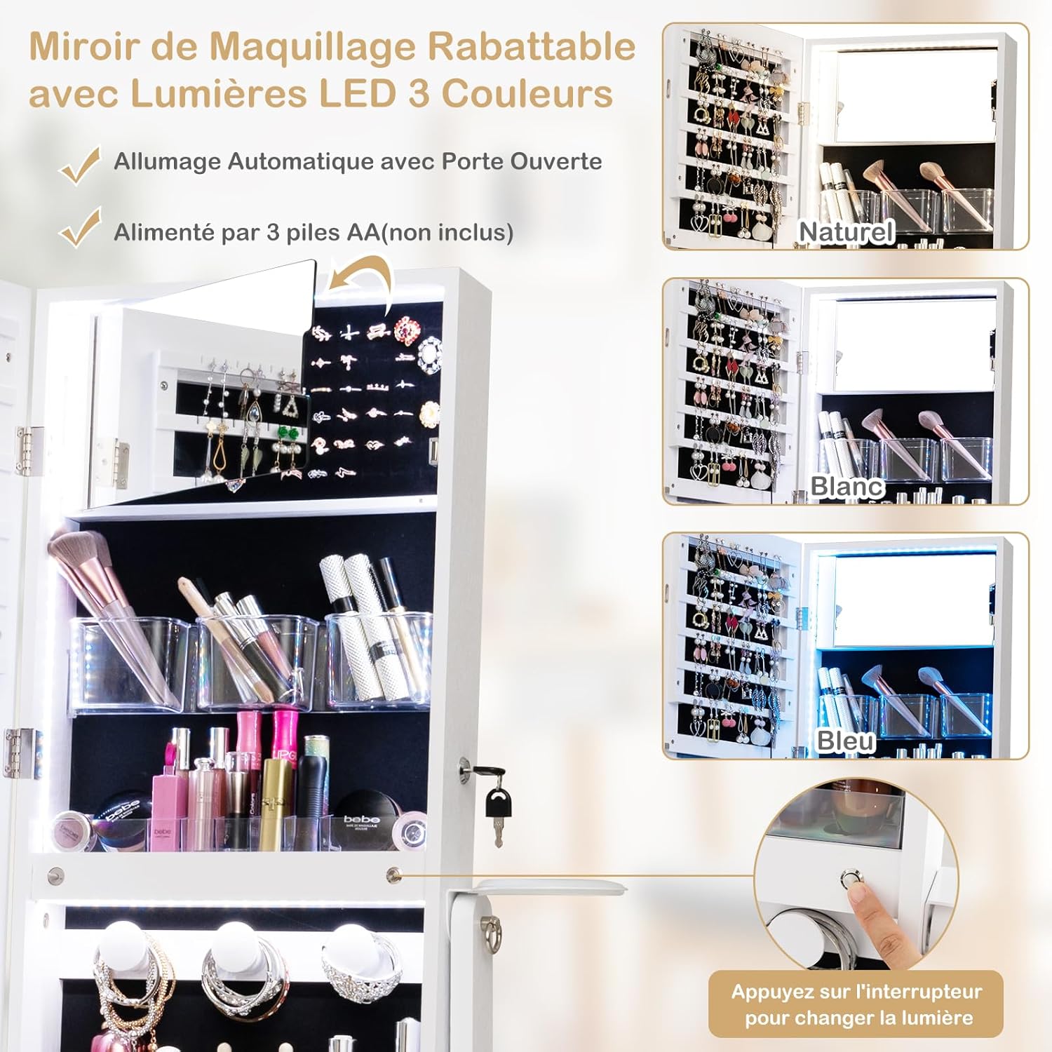 GOPLUS Armoire à Bijoux avec Miroir sur Pied, 2 en 1 Organisateur de Bijoux Verrouillable avec Lumières LED 3 Couleurs, 3 Angles Réglables, Armoire de Rangement Modern pour Collier, Bague, Blanc