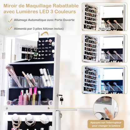 GOPLUS Armoire à Bijoux avec Miroir sur Pied, 2 en 1 Organisateur de Bijoux Verrouillable avec Lumières LED 3 Couleurs, 3 Angles Réglables, Armoire de Rangement Modern pour Collier, Bague, Blanc