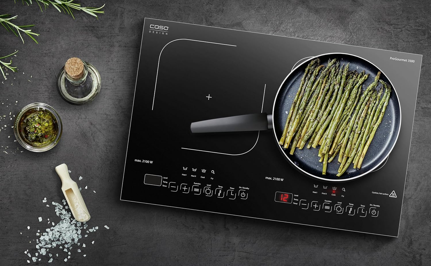 CASO ProGourmet 3500 Double Induction Hob Moving 3500 W Powersharing 60-240 °C 4 Functions Timer 180 Minute Timer Pots up to 24 cm Ceramic Glass