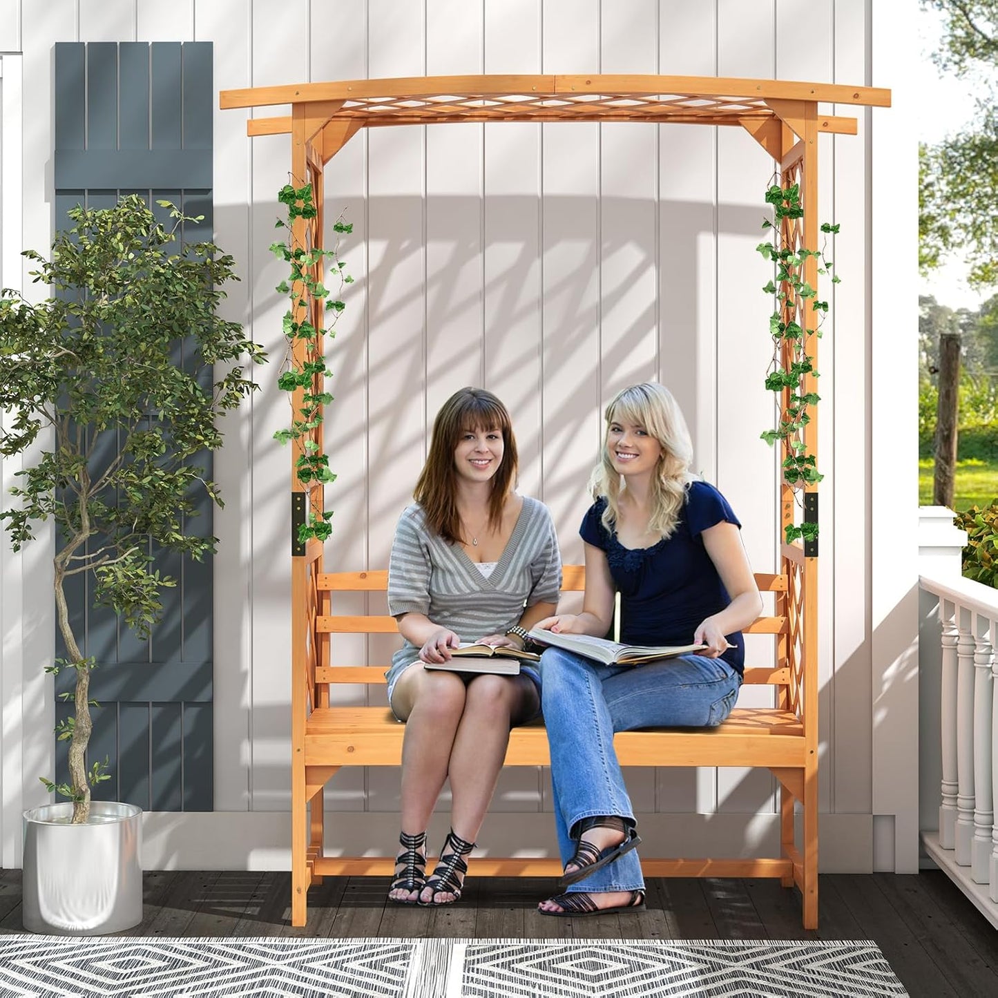 GOPLUS Arche Jardin avec Banc Exterieur, Banc et 2 Treillis pour Plantes Grimpantes, Vignes, Raisins,2 Places, pour Fête, Mariage (50x160x199CM)