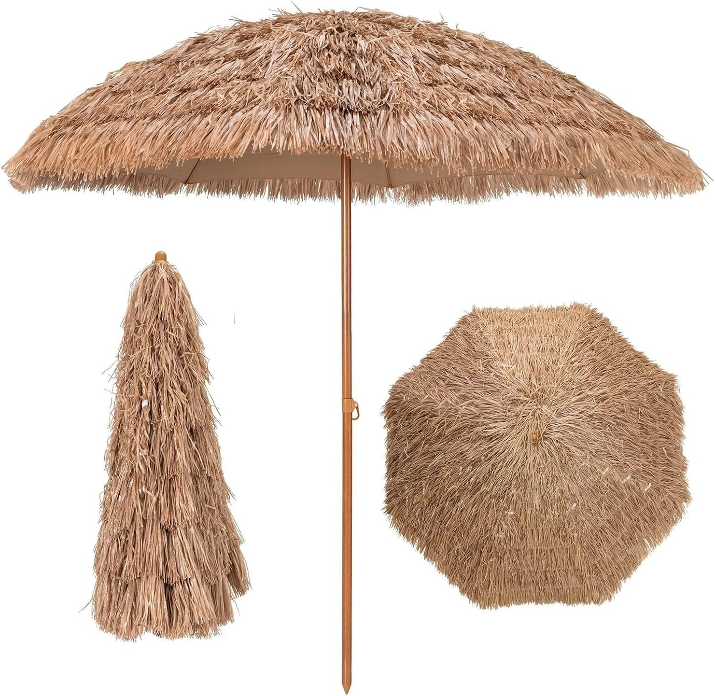 GOPLUS 2,2M Parasol Paille de Plastique, Parasol de Plage avec 8 Baleines, Parasol Inclinable de Style Tropical Hawaïen, UPF 30+, Parasol de Jardin Patio Terrasse, Base Non Inclus (Naturel)