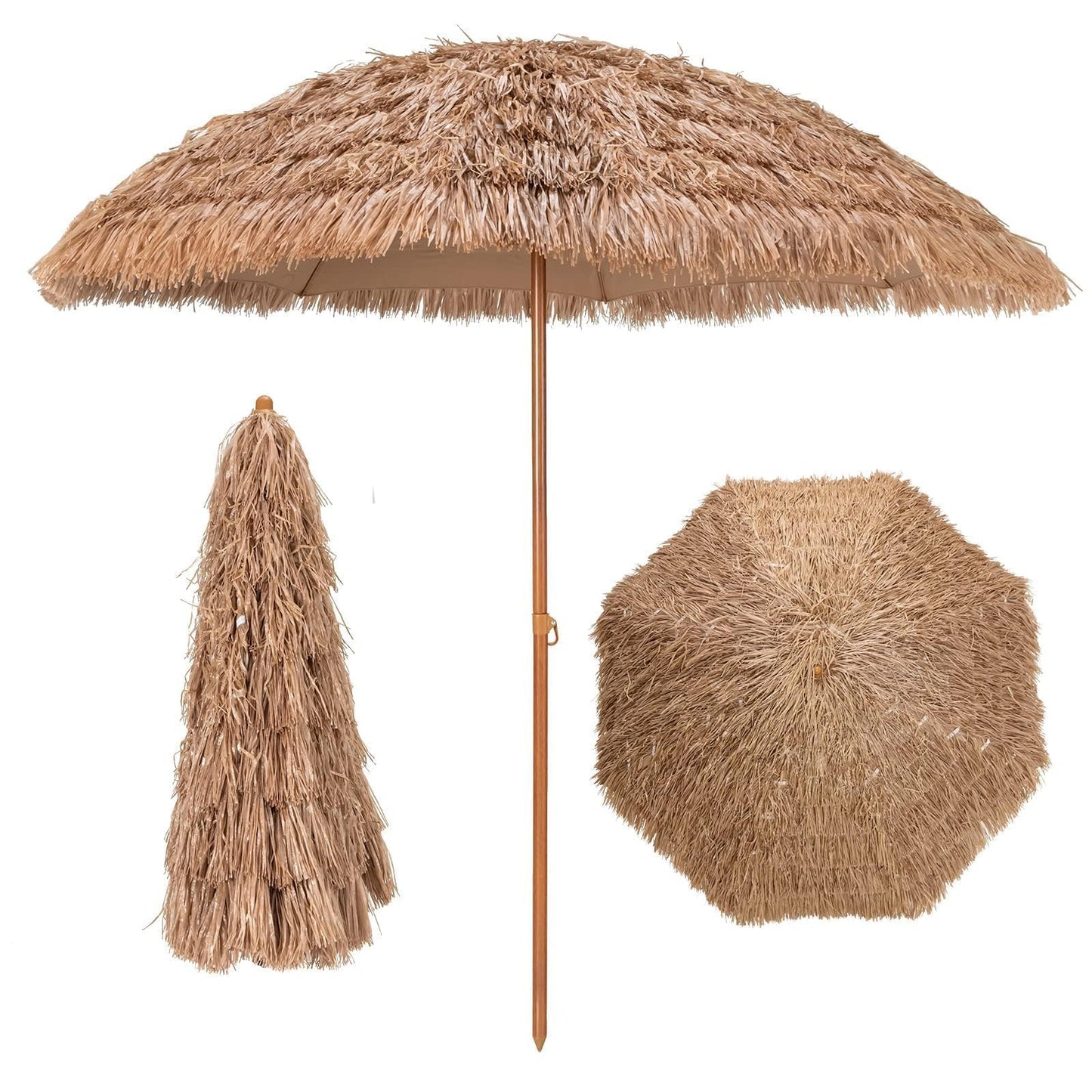 GOPLUS 2,2M Parasol Paille de Plastique, Parasol de Plage avec 8 Baleines, Parasol Inclinable de Style Tropical Hawaïen, UPF 30+, Parasol de Jardin Patio Terrasse, Base Non Inclus (Naturel)