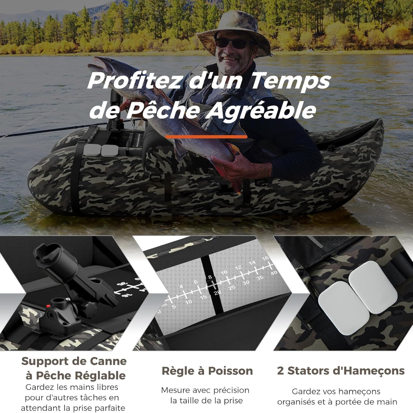 GOPLUS Bateau Pêche Gonflable, Float Tube Tissu Polyester avec Support de Canne Peches, Dossier, Sangles Réglables, Pompe, Règle à Poisson, Poches Rangement, Pagaie, Capacité 150KG
