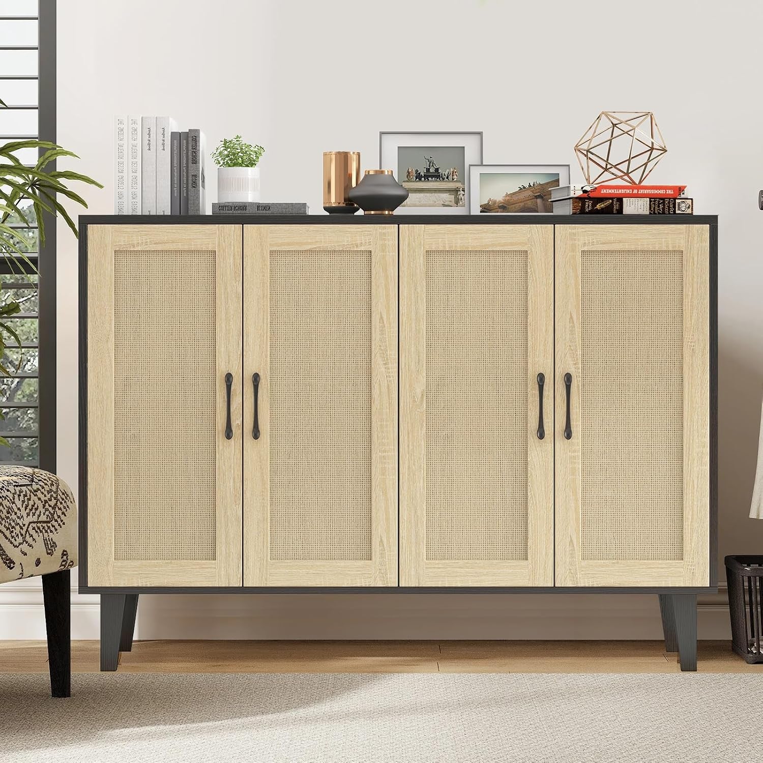 Meuble De Rangement En Rotin Et MDF, Buffets Haut Aspect Avec 4 Portes Sur Salon, Chambre, 127 X 38 X 83 Cm (Noir Et Bois), MEFRSB58