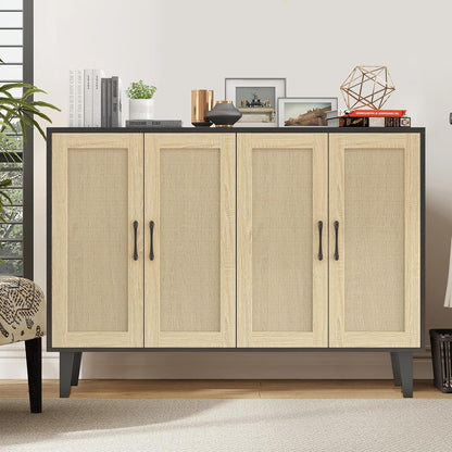 Meuble De Rangement En Rotin Et MDF, Buffets Haut Aspect Avec 4 Portes Sur Salon, Chambre, 127 X 38 X 83 Cm (Noir Et Bois), MEFRSB58