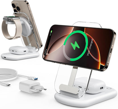 Chargeur Mag Safe, Station De Recharge Apple Watch Et Iphone, 3 En 1 Compatible Avec Iphone 17E 17 16 15 14 13 12 Pro Max/Air/Plus/Pro, Pour Apple Watch 10/9, Airpods 3/2/Pro, Pliable, Blanc