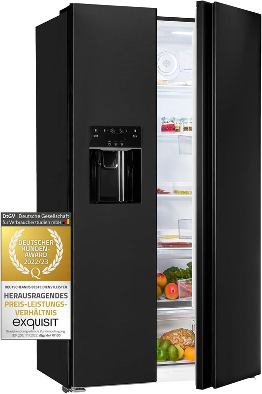 Exquisit SBS520-CF-040E Side by Side Kühlschrank, 91 Cm Breit, 513L, Nofrost, Ice-Maker, Festwasseranschluss, Inoxlook