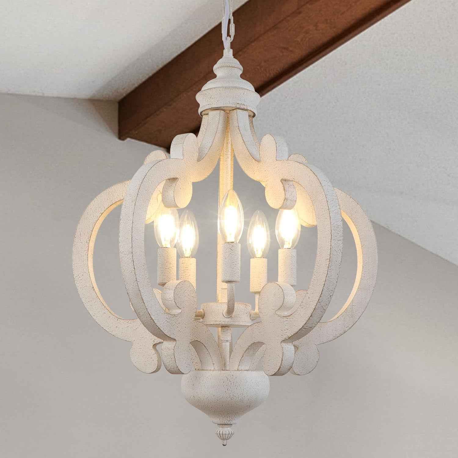 Lustre De Ferme En Bois 5 Lumières Lampe À Suspension Rustique Blanche Vieillie Lustres De Campagne Française Pour Salle À Manger, Chambre À Coucher, Cuisine