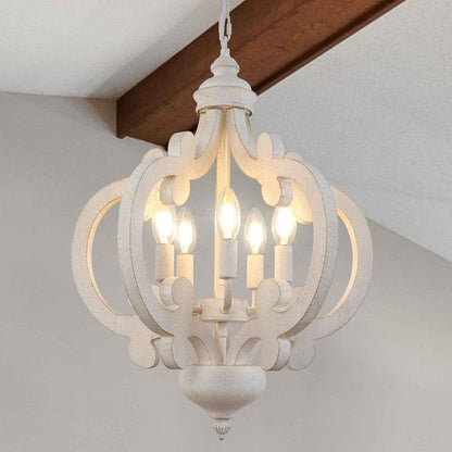 Lustre De Ferme En Bois 5 Lumières Lampe À Suspension Rustique Blanche Vieillie Lustres De Campagne Française Pour Salle À Manger, Chambre À Coucher, Cuisine