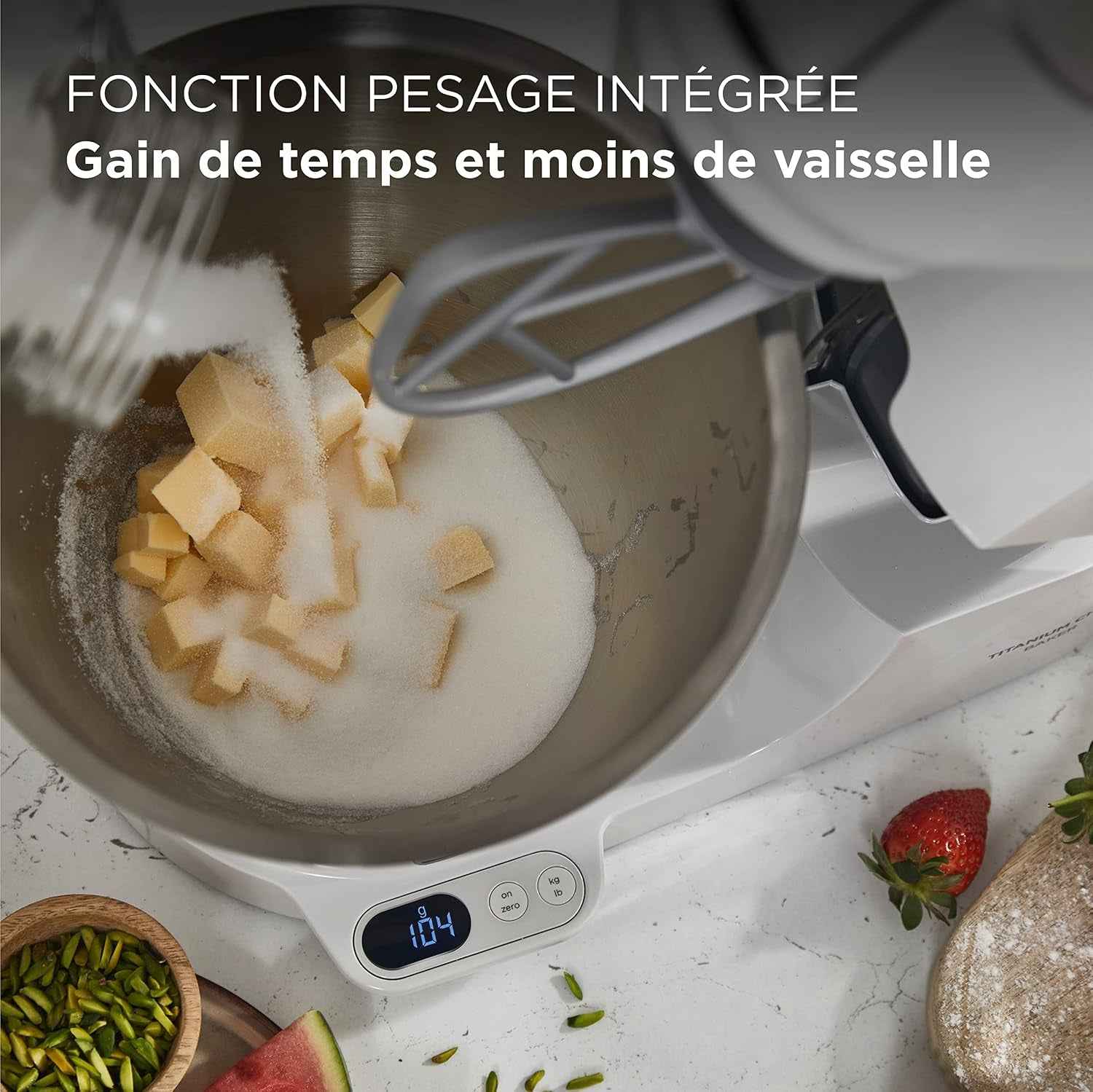 Kenwood Titanium Chef Baker KVC65.001WH, Robot Patissier Avec Balance Intégrée, Incl. Ensemble Pâtisserie 3 Pièces, Spatule & Protection Éclaboussures, 1200W, Blanc
