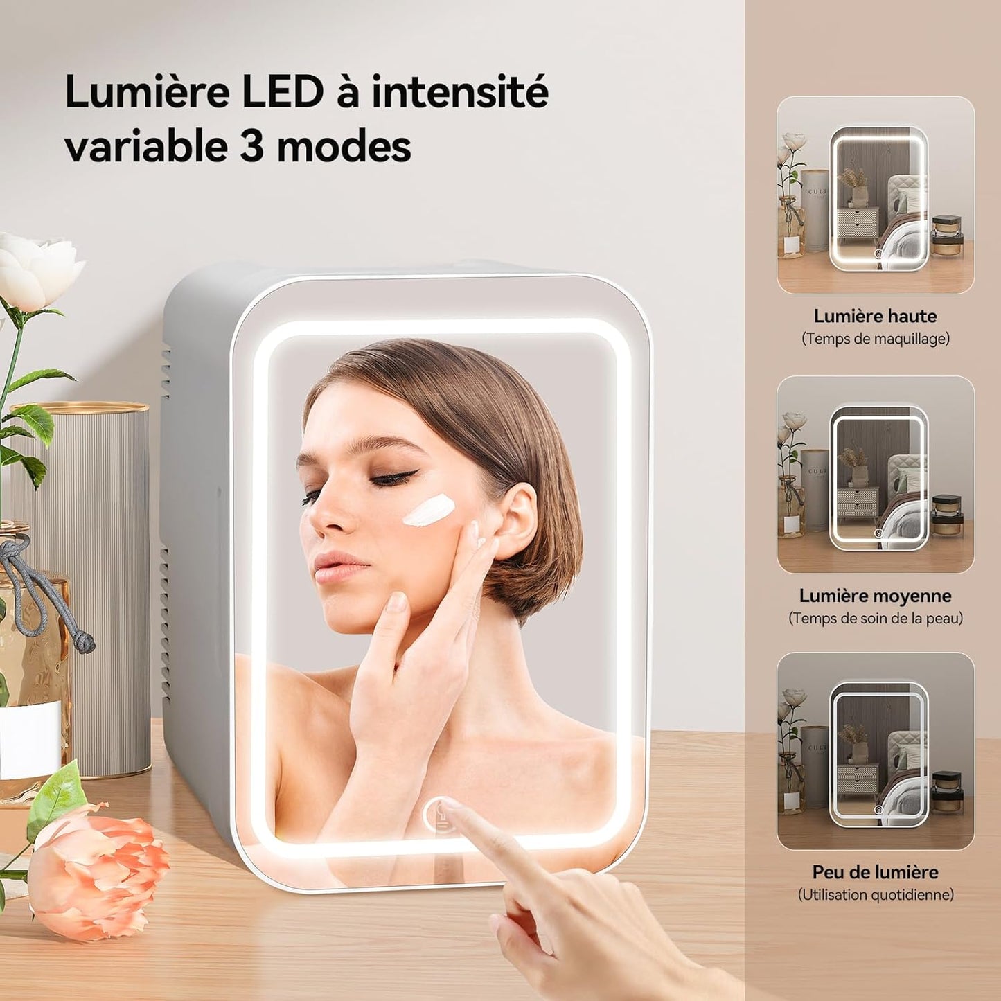 Mini Frigo Cosmétique 4L Avec Miroir LED, Frigo De Chambre Avec Fonction Chaud/Froid, Mini Réfrigérateur Portable, Petit Frigo Cosmétique 12V/220V, Miroir Maquillage Pour Voitures (Blanc)