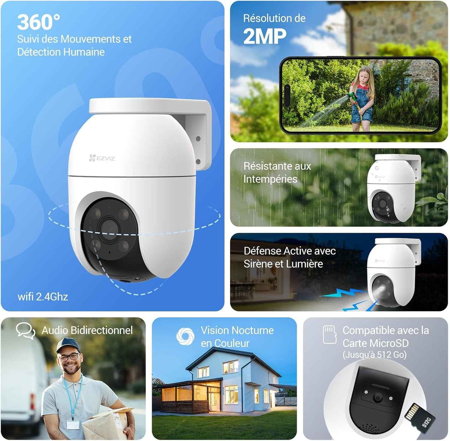 2Pack Caméra De Surveillance Extérieur Wifi À 360° C8C 2MP | Détection Humaine, Vision Nocturne En Couleur, Suivi Auto-Zoom, Audio Bidirectionnel, IP65 Etanche, Défense Active