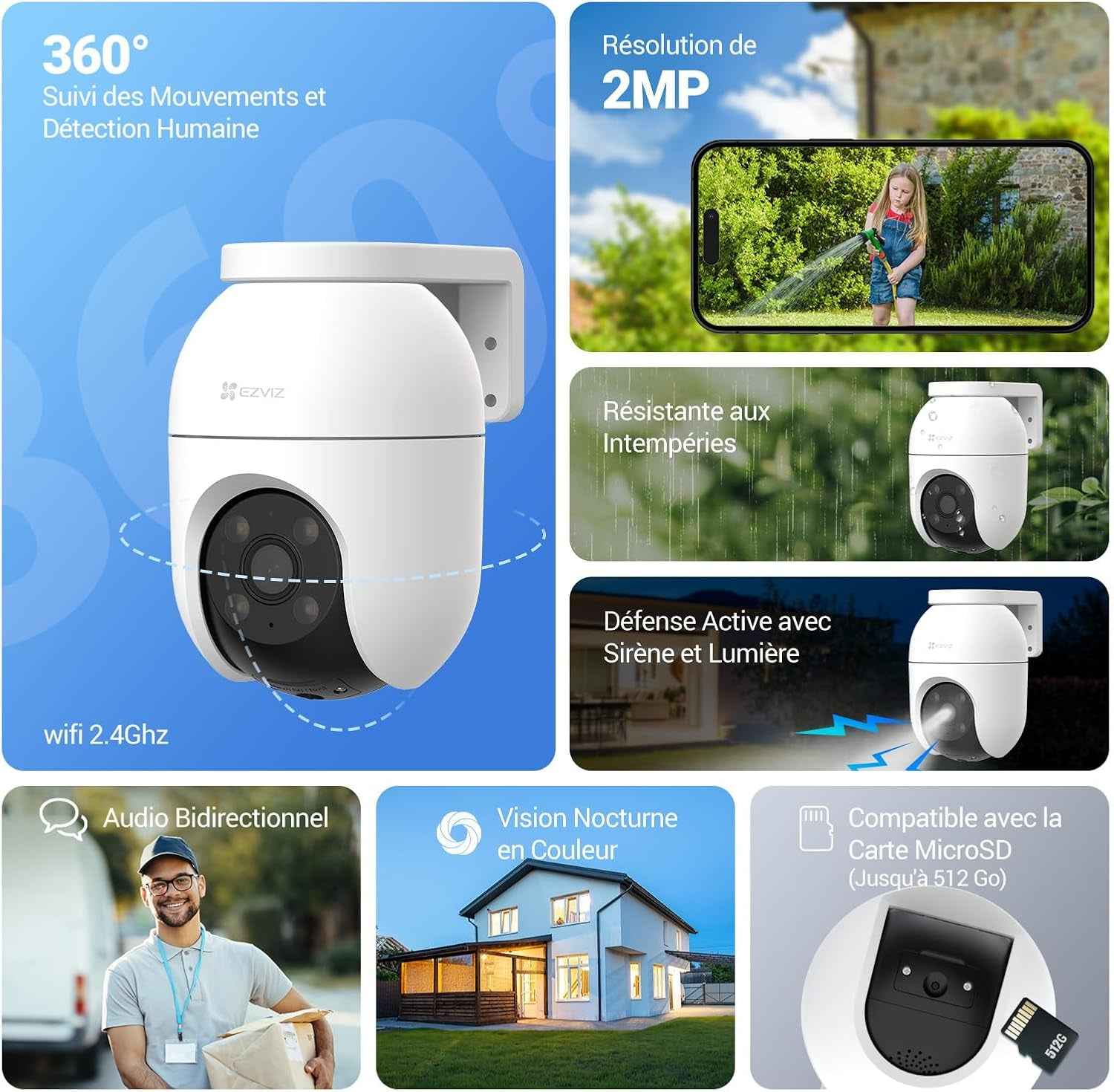 2Pack Caméra De Surveillance Extérieur Wifi À 360° C8C 2MP | Détection Humaine, Vision Nocturne En Couleur, Suivi Auto-Zoom, Audio Bidirectionnel, IP65 Etanche, Défense Active