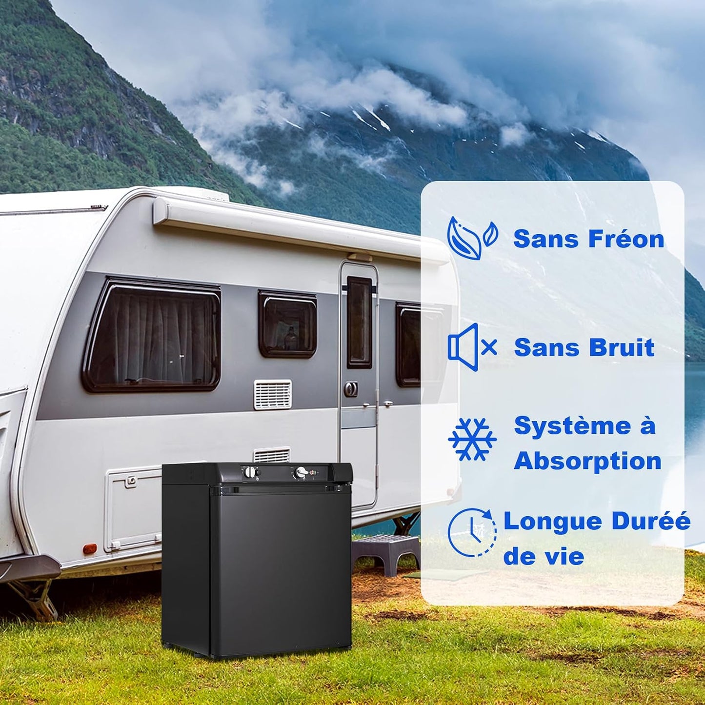 Frigo Camping Car 12V 220V Gaz, 40L, Frigo Trimixte, Réfrigérateur Camping Gaz Pour Chalet Cabanon Caravane Fourgon Mobile-Home, Noir