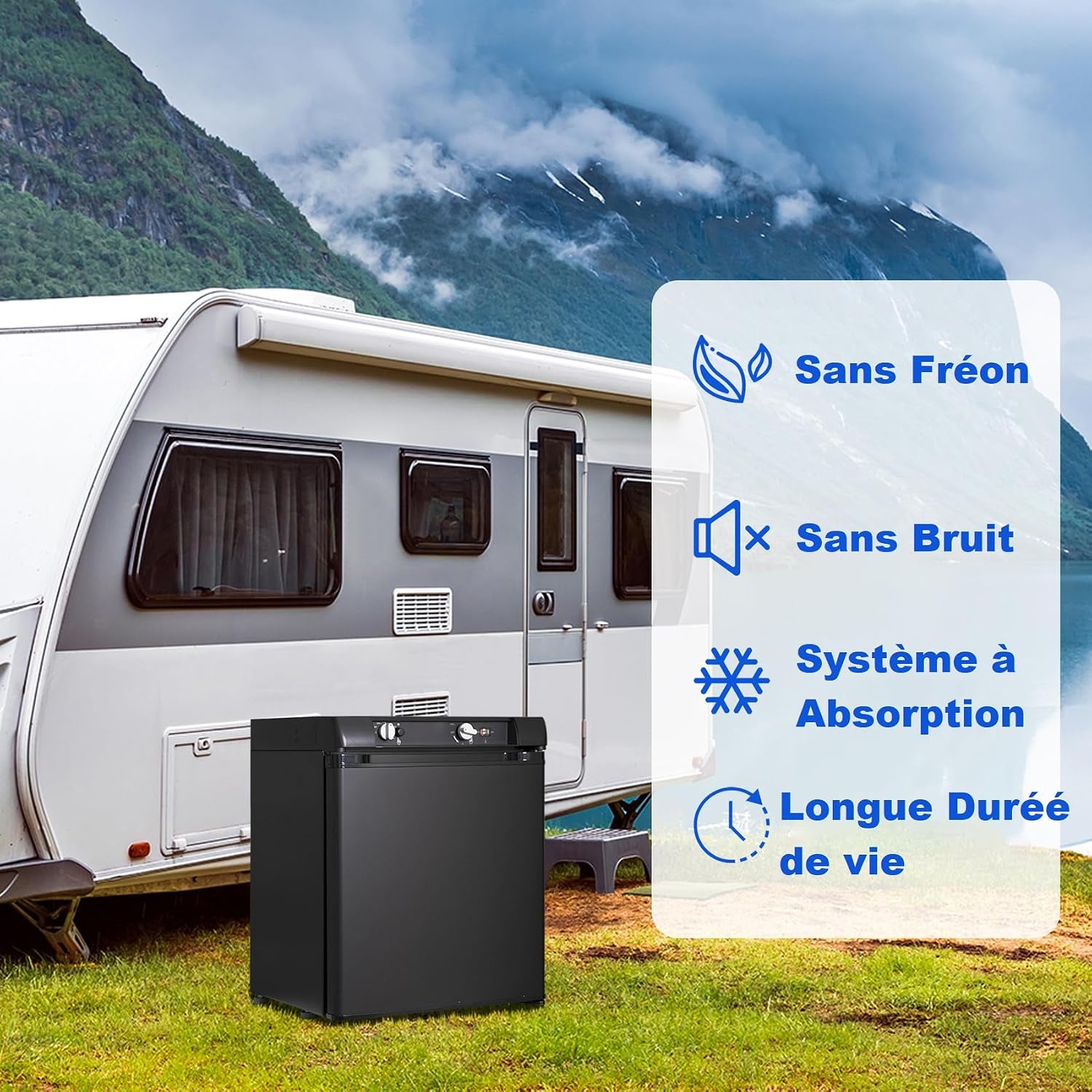 Frigo Camping Car 12V 220V Gaz, 40L, Frigo Trimixte, Réfrigérateur Camping Gaz Pour Chalet Cabanon Caravane Fourgon Mobile-Home, Noir