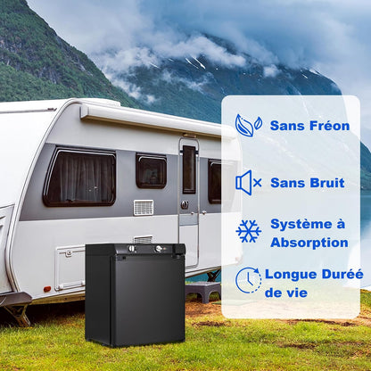 Frigo Camping Car 12V 220V Gaz, 40L, Frigo Trimixte, Réfrigérateur Camping Gaz Pour Chalet Cabanon Caravane Fourgon Mobile-Home, Noir