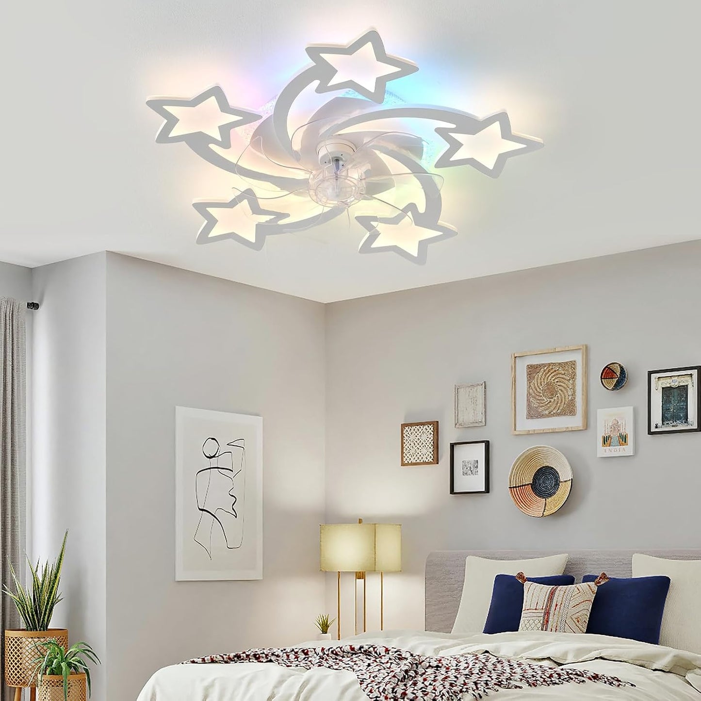 Lampe Ventilateur Plafond Silencieux Reversible Ventilateur Plafond Avec Telecommande Star RGB Suspension Luminaire LED Dimmable 6 Vitesses Dc-Motor Plafonnier Ventilateur Design