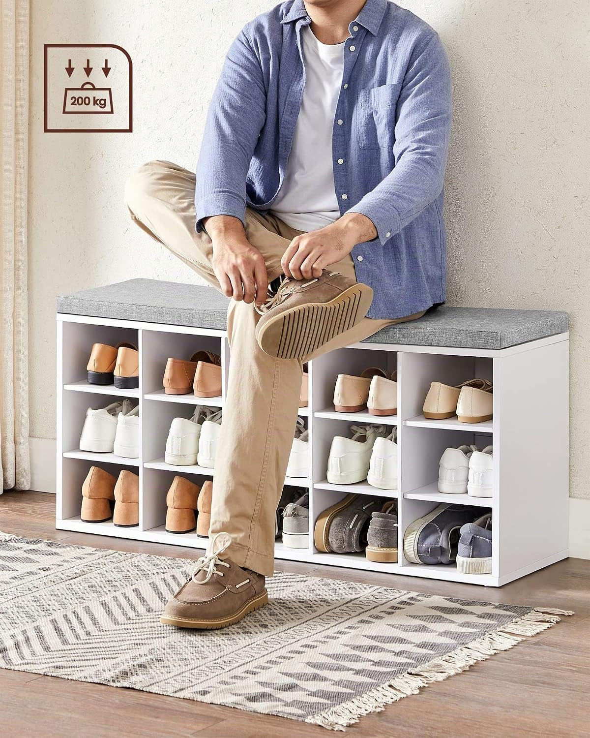 CUSTOS Collection - Banc À Chaussures, Organiseur De Chaussures Avec 15 Compartiments, Siège Rembourré, Pour Entrée, Couloir, Placard, Blanc Nuage Et Gris Tourterelle LHS015WB02
