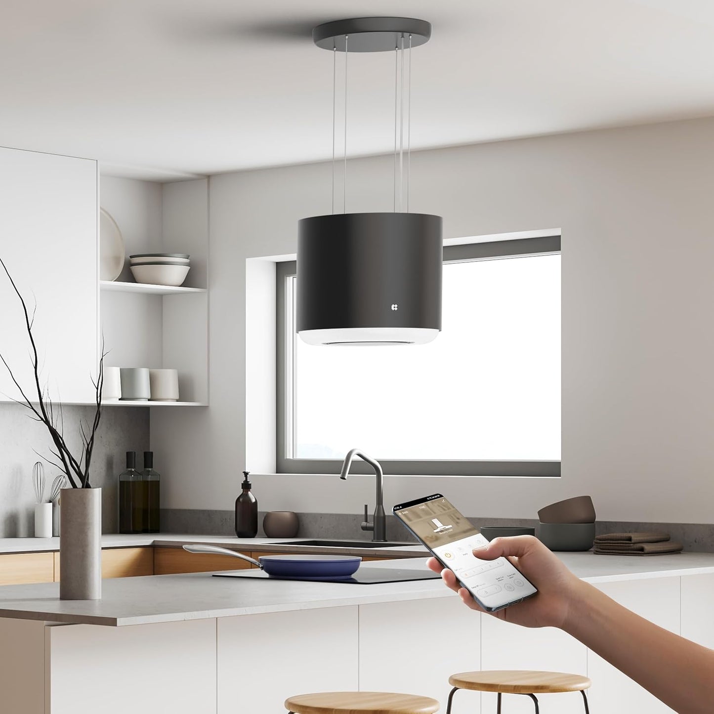 Hotte Îlot Centrale A+ - Hotte Suspendue 48Cm- 565M ³/ H - CBCB4838 | Hotte Aspirante Îlot - Wifi Et APP - Filtre À Charbon CBCF0010 Inclus - 4 Vitesses & LED De 2 Niveaux De Luminosité