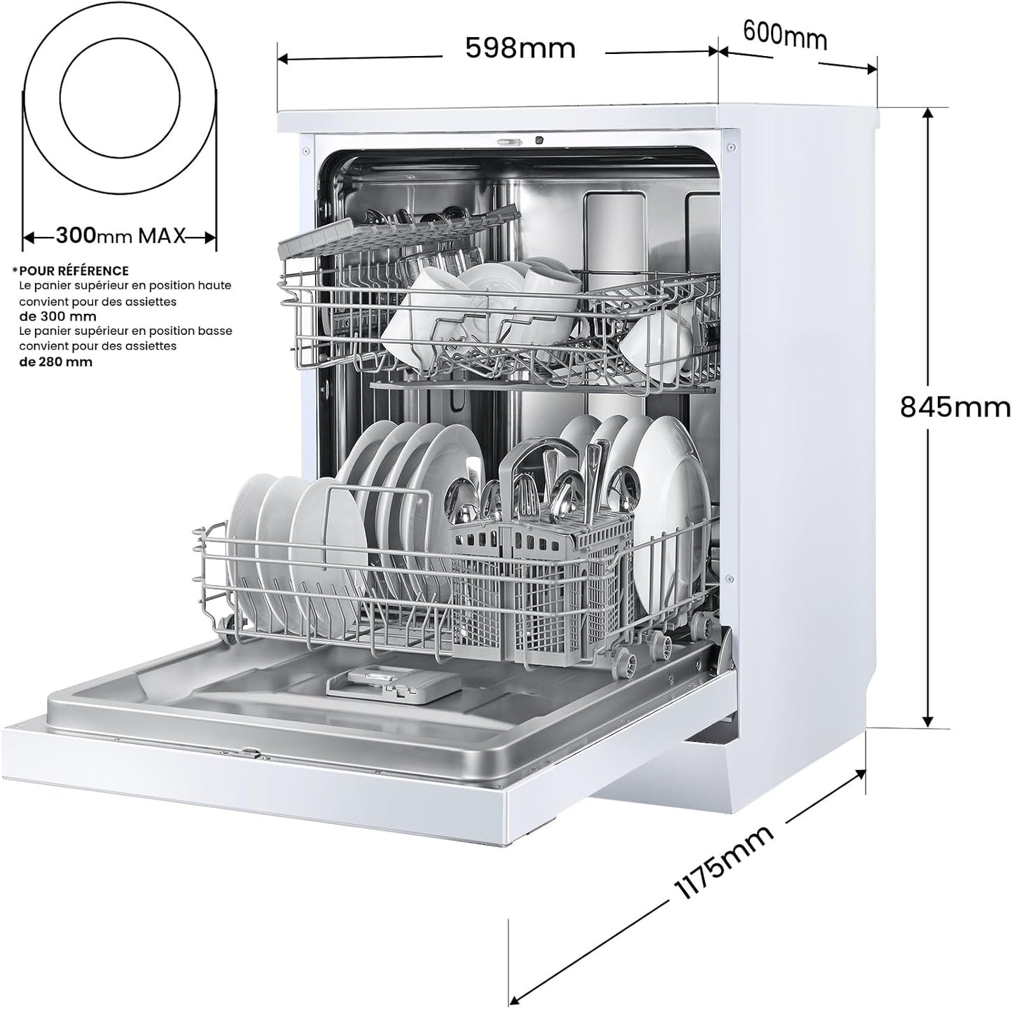 ' FD1435E-W Lave-Vaisselle Pose Libre 14 Couverts, 60 Cm, 44 Db | 8 Programmes, Ouverture Automatique, Départ Différé, Demi-Charge, Paniers Flexibles, Séchage Intensif, Blanc