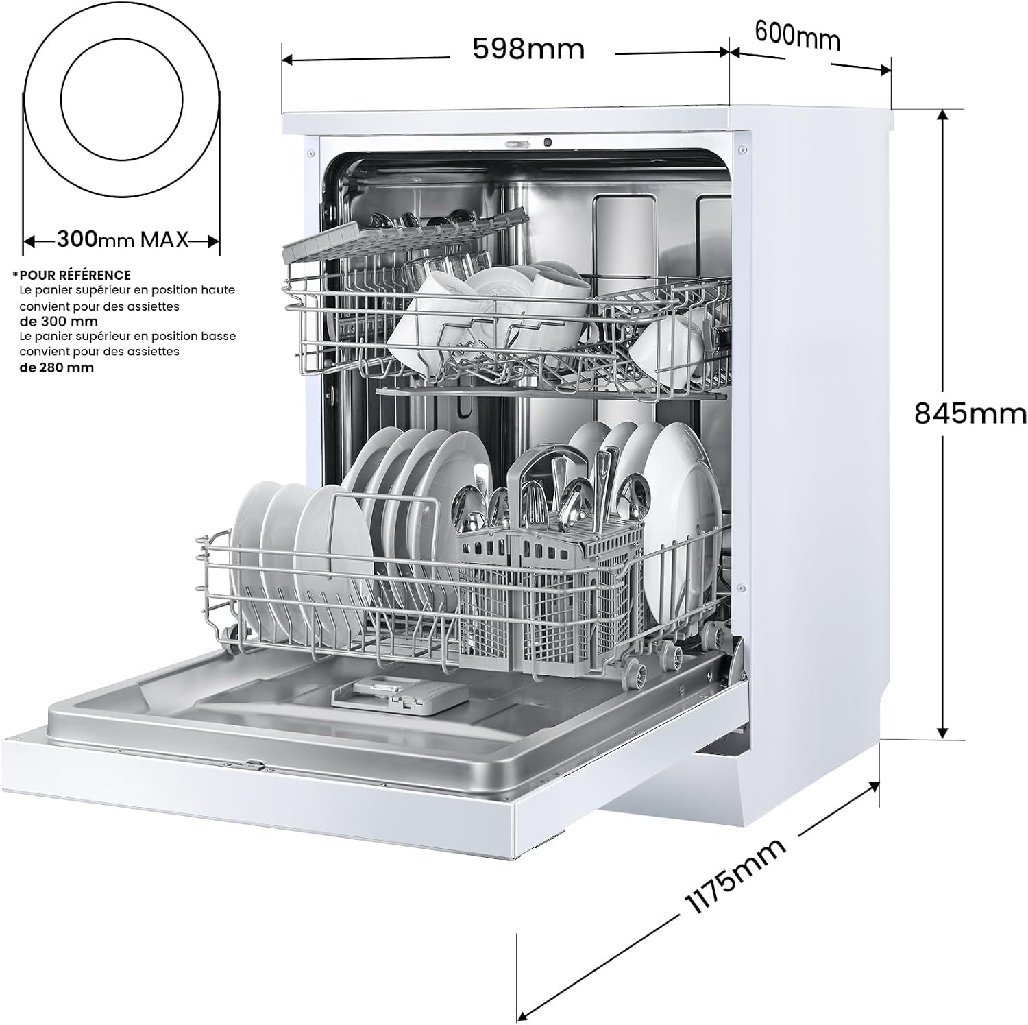 ' FD1435E-W Lave-Vaisselle Pose Libre 14 Couverts, 60 Cm, 44 Db | 8 Programmes, Ouverture Automatique, Départ Différé, Demi-Charge, Paniers Flexibles, Séchage Intensif, Blanc
