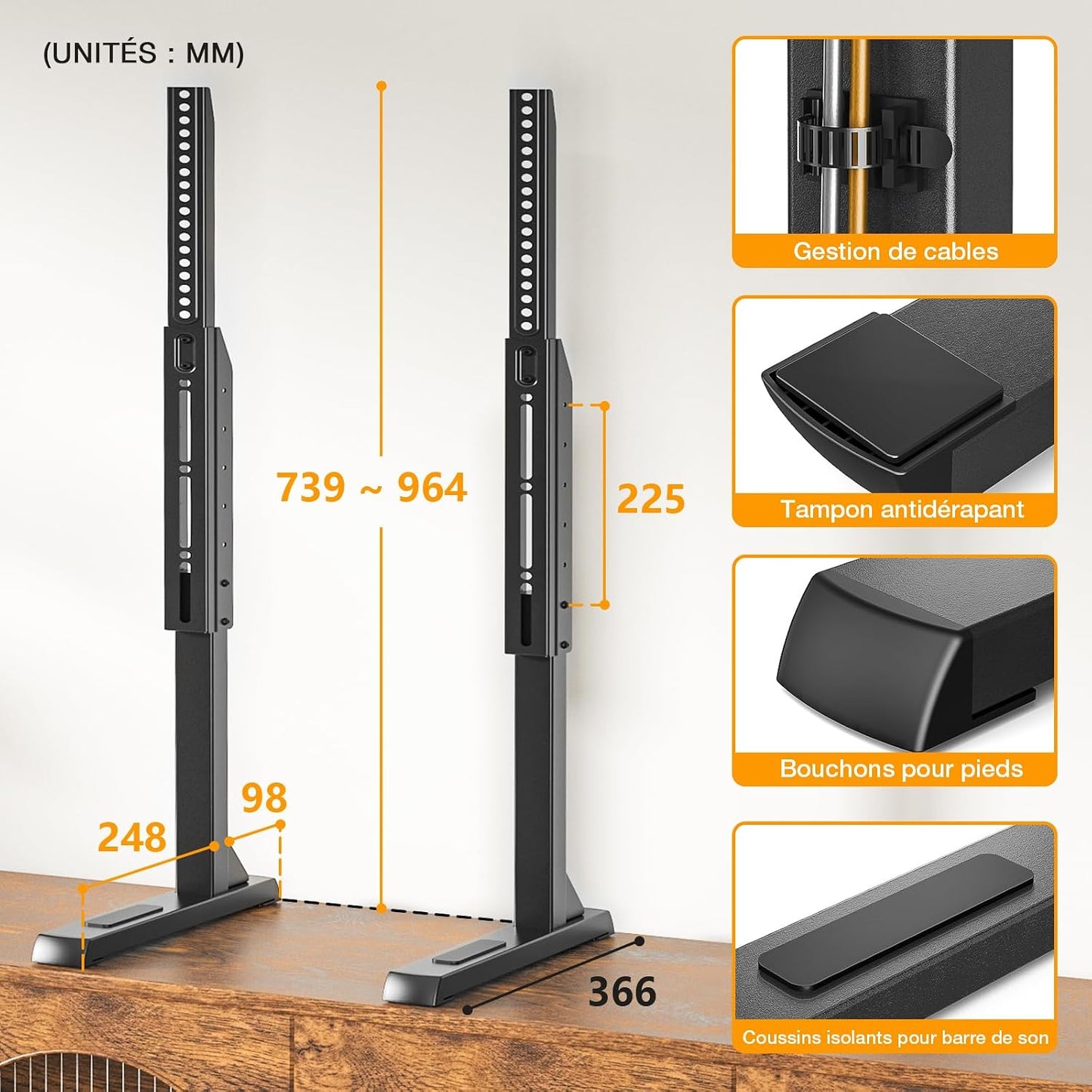 Support TV De Table Pour Téléviseurs 37 À 86 Pouces VESA Max 800X600Mm | Pieds De TV Réglables En Hauteur, Base De Support TV Avec Gestion Des Câbles Pieds En Acier Supportent Jusqu'À 68 KG