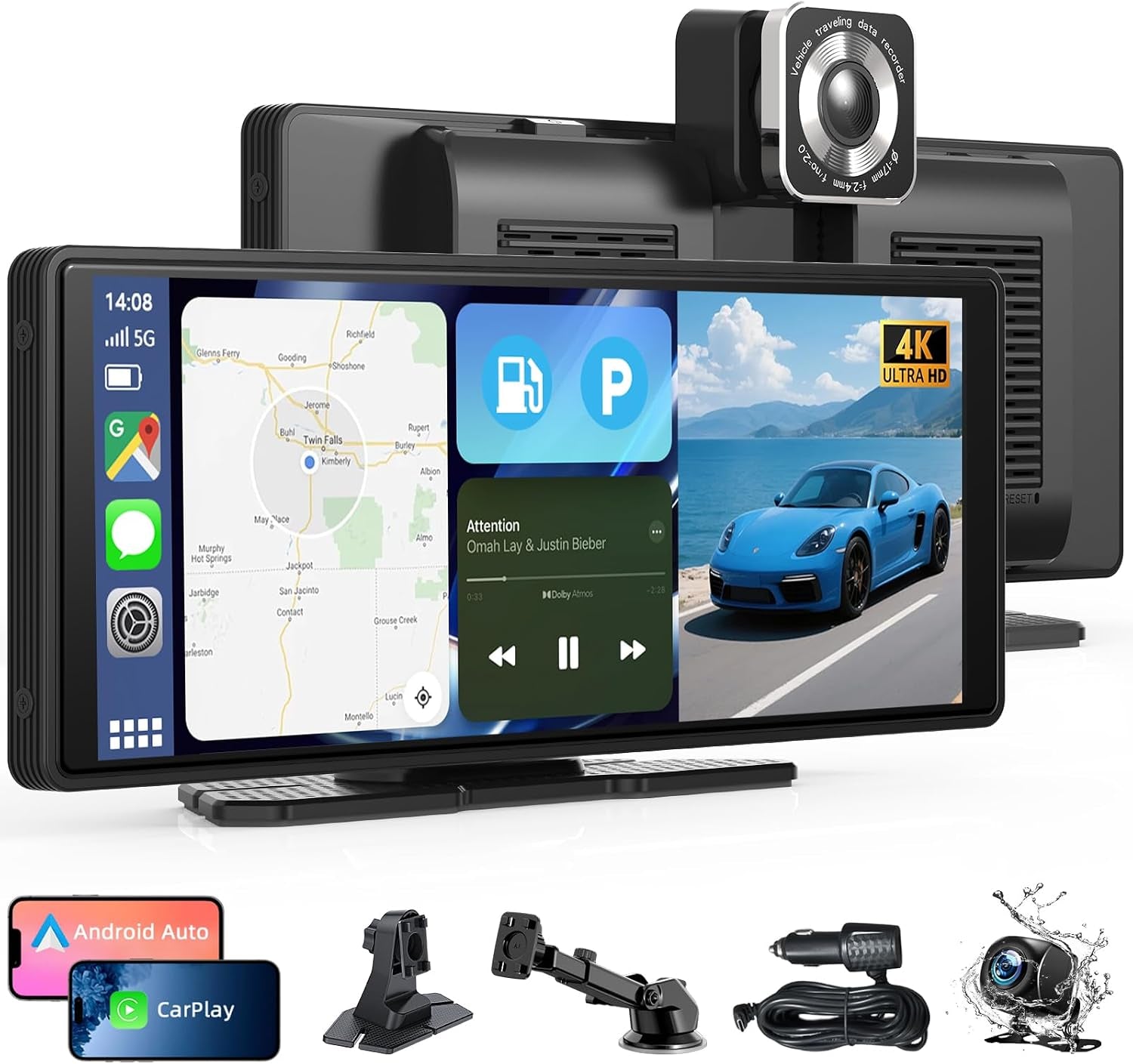 10.26" Écran Carplay Sans Fil Pour Apple Carplay & Android Auto, Écran Tactile HD Portable Car Play Voiture Avec 4K Dashcam / Caméra De Recul 1080P Avec Mirror Link, BT, Assistant Vocal, GPS, FM