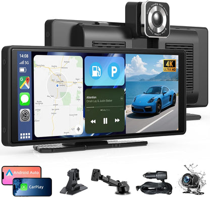 10.26" Écran Carplay Sans Fil Pour Apple Carplay & Android Auto, Écran Tactile HD Portable Car Play Voiture Avec 4K Dashcam / Caméra De Recul 1080P Avec Mirror Link, BT, Assistant Vocal, GPS, FM