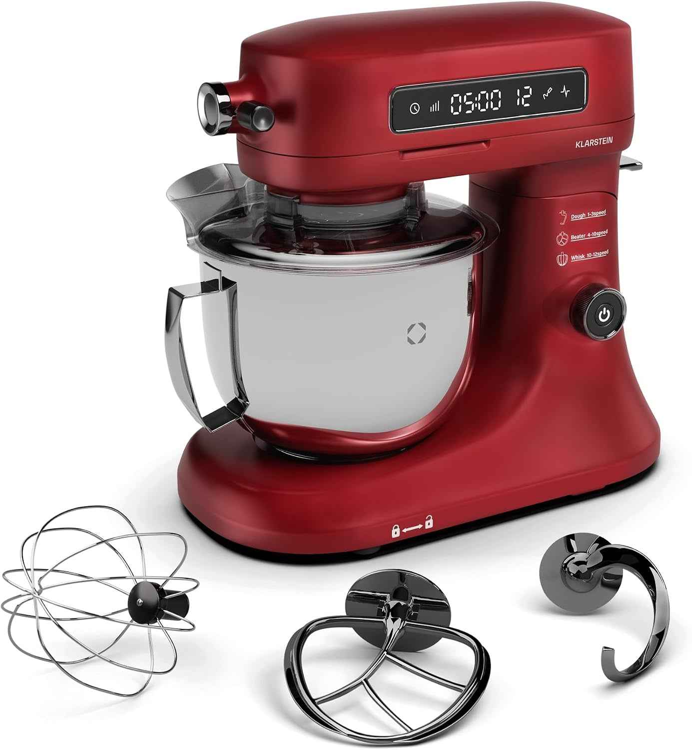 Klarstein Chiara Robot De Cuisine Multifonctions – 1600 W, Bol Inox 5 L, 12 Vitesses, Écran Tactile LCD, Silencieux ≤ 72 Db, Accessoires Lavables, Set De Pâtisserie, Boîtier En Aluminium Moulé, Rouge