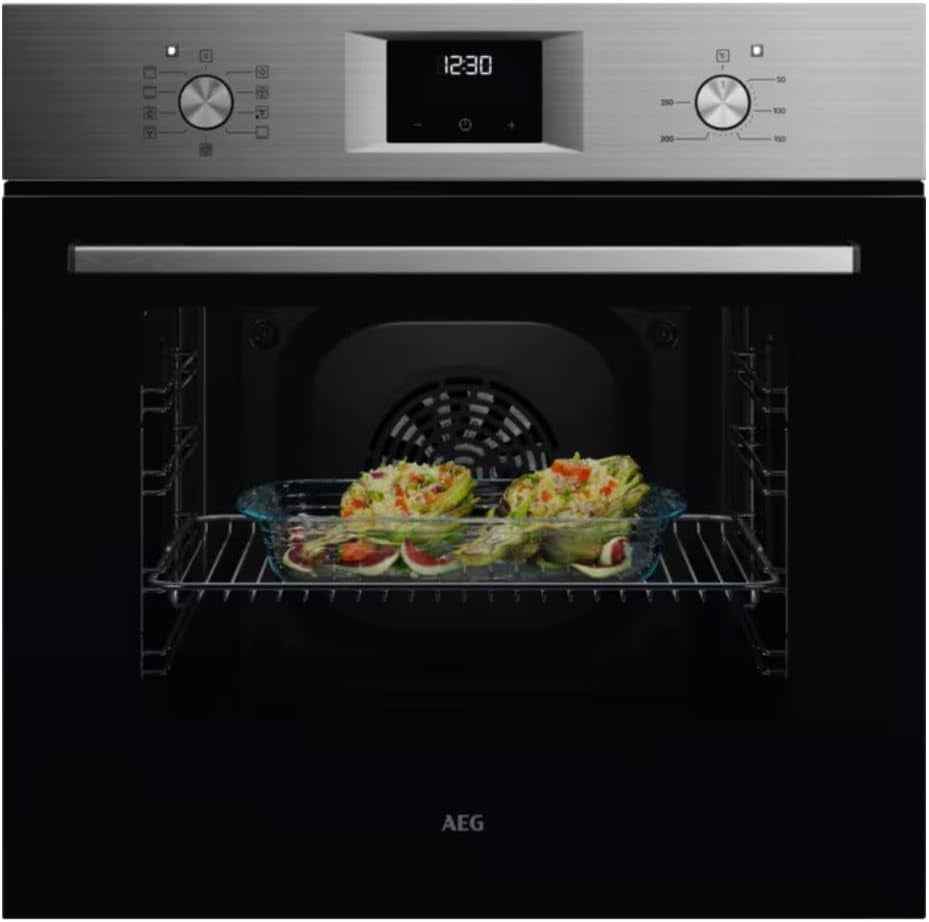 AEG OU5AB21CM - Four Multifonction Série 5000 Surroundcook, 65 L, Affichage LED, 9 Fonctions, Nettoyage Aquaclean, Commandes Escamotables Inox, Porte 4 Verres, Inox Infinity