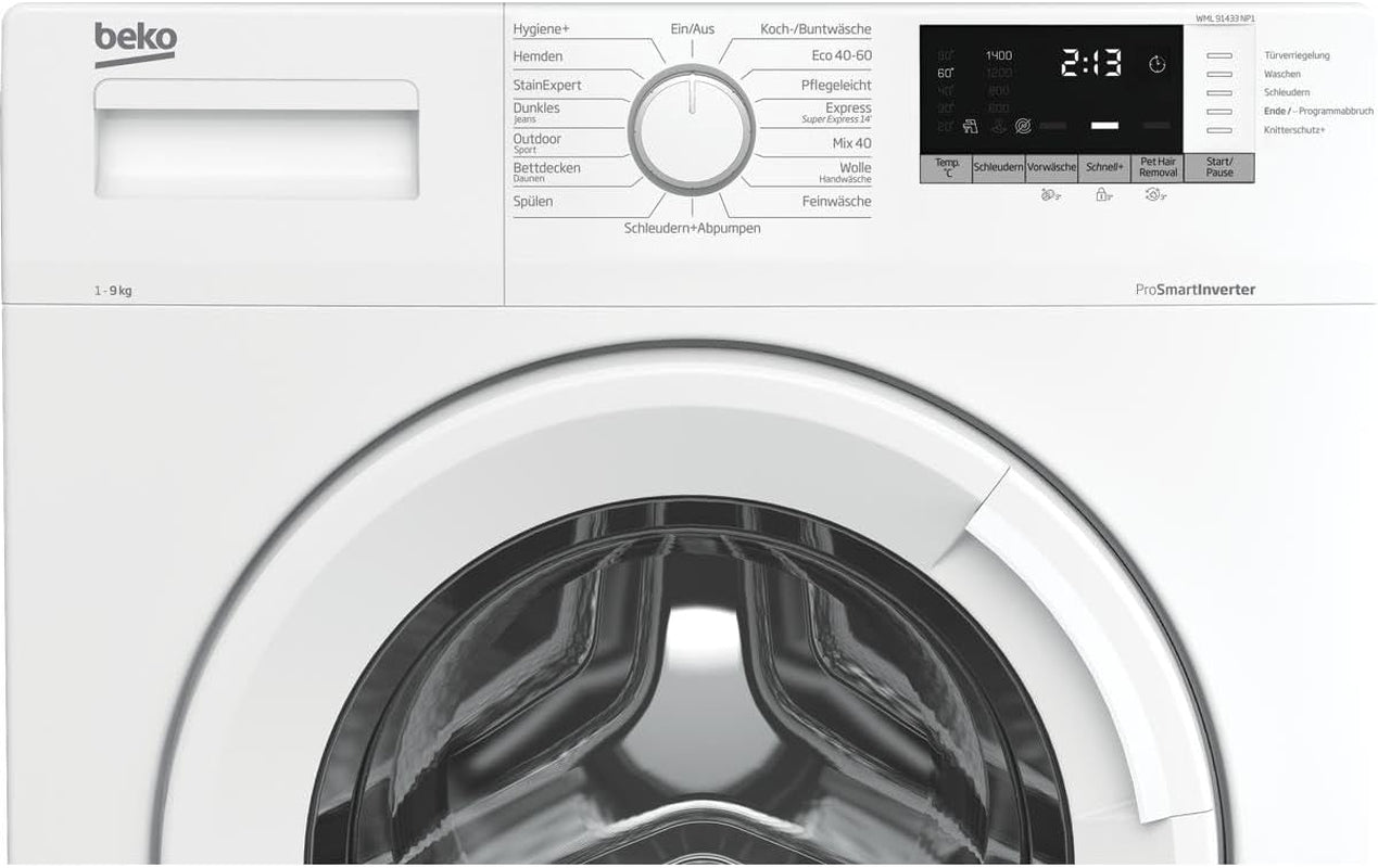 Beko WML91433NP1 B100 Machine À Laver 9 Kg Avec Écran Multifonction Avec Départ Différé, Fonction Addxtra, Retrait Des Poils D'Animaux Domestiques, Fonction De Rajout, Blanc