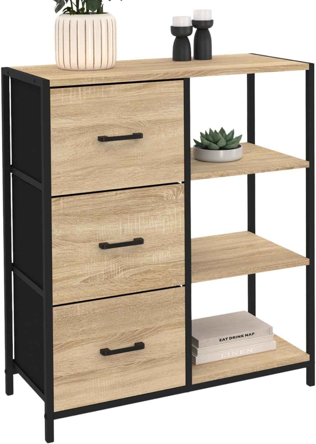 - Buffet D'Appoint Utah Design Industriel | Avec 3 Tiroirs Et Étagères, 70 Cm