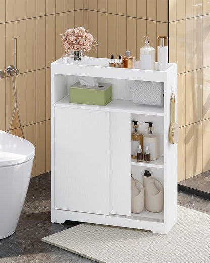 Meuble De Salle De Bain, Meuble Toilette Avec Rangement Papier Toilette Et Crochets, Portes Coulissantes, Étagère Réglable, 20 X 60 X 80 Cm, Blanc BC62813X