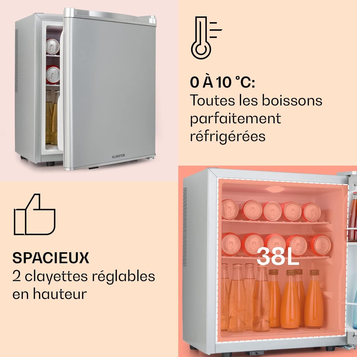 Mini Frigo De Chambre De 38L Pour Boissons Et Bieres, Petit Frigo Silencieux, Mini Bar Intérieur/Ext, Petit Refrigerateur Camping, Stockage De Vins, Cosmetique, Étagères Réglables, 6-18°C