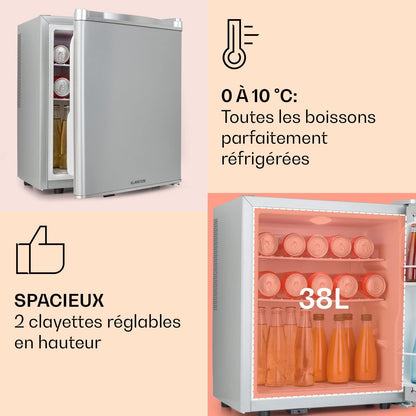 Mini Frigo De Chambre De 38L Pour Boissons Et Bieres, Petit Frigo Silencieux, Mini Bar Intérieur/Ext, Petit Refrigerateur Camping, Stockage De Vins, Cosmetique, Étagères Réglables, 6-18°C