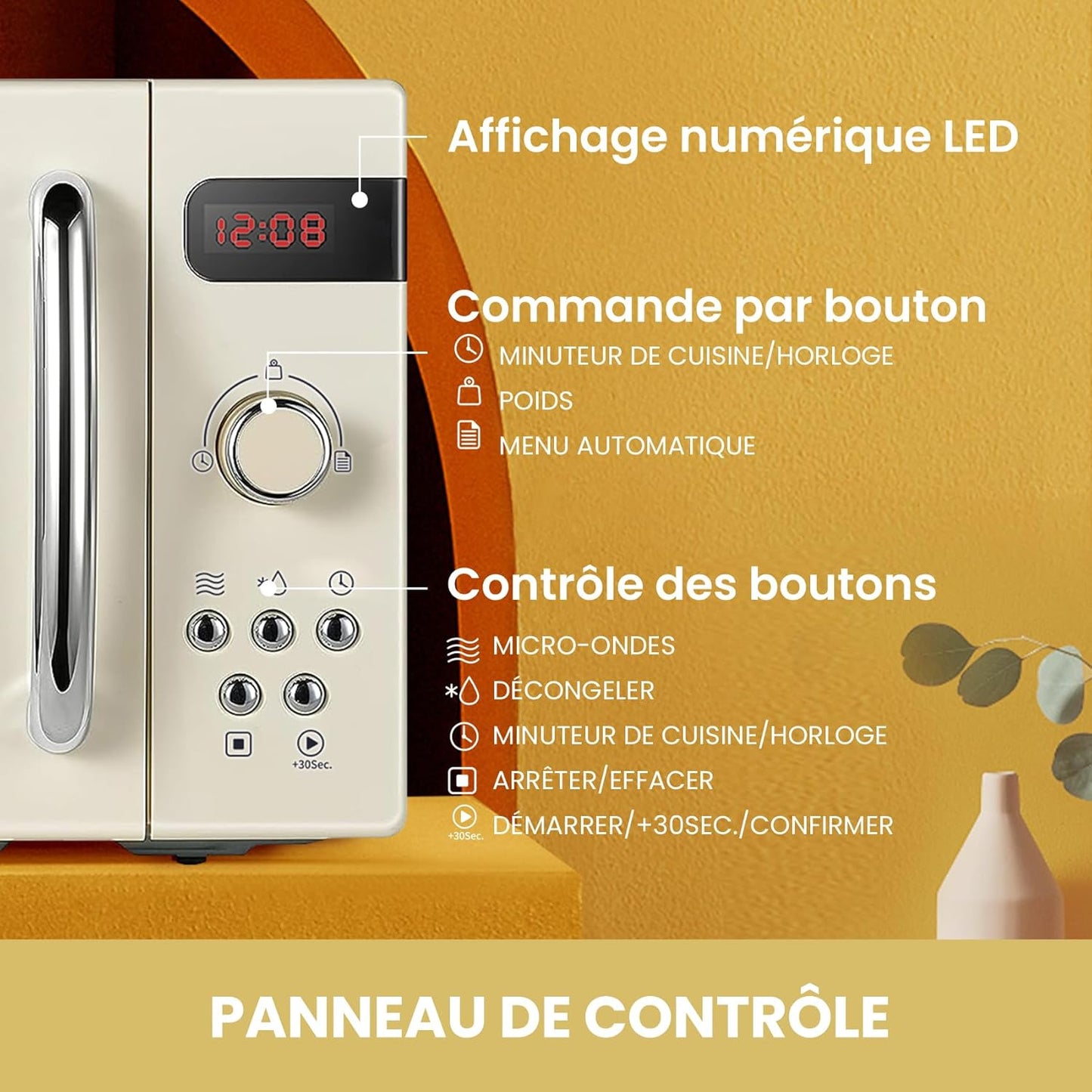 ' Micro-Ondes Rétro CMSRO 20Di Cr Avec 8 Renus Rutomatiques, 5 Niveaux De Puissance De Cuisson, Bouton De Cuisson Express, 20 L, 800 W, Crème D'Abricot