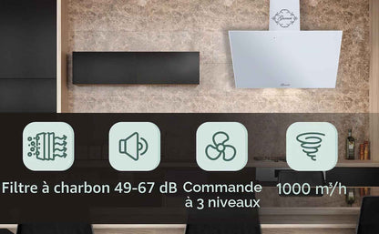 Hotte Murale 80 Cm  286 WH 8 Pr/Hotte Aspirante Verre Blanc/Hotte Inclinée 1000 M³/H Avec Télécommande/Classe a /