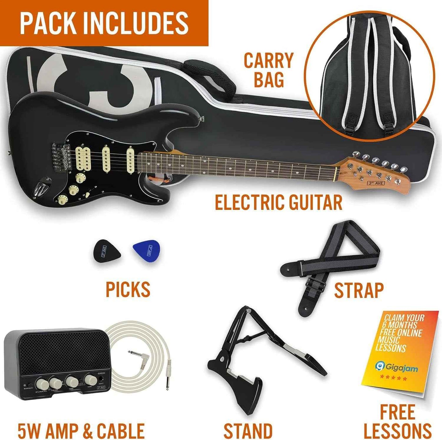 Stateside Guitare Électrique 4/4 Kit Ultime Avec Amplificateur 5 W, Câble, Support, Sac De Transport Rembourré, Sangle, Médiators, Leçons Gratuites - Rushmore Grey