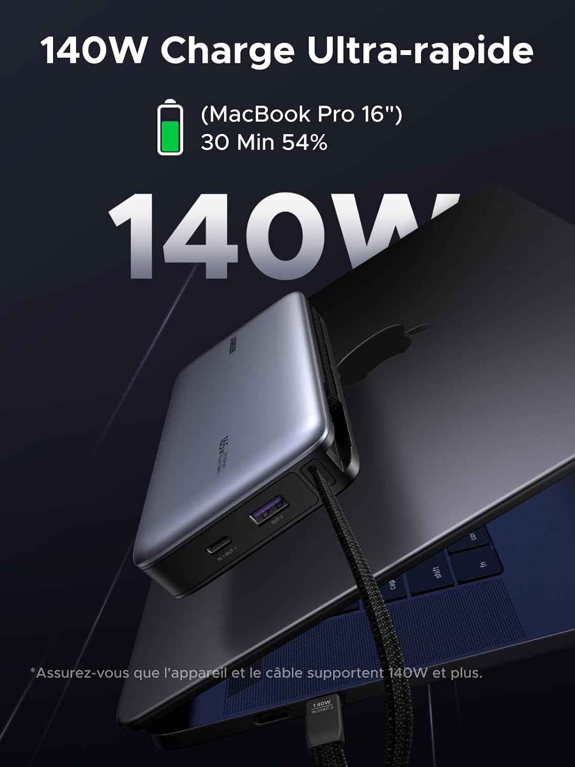 Nexode 165W Batterie Externe 25000Mah Power Bank Charge Rapide 140W | 4 EN 1, 2 Câbles USB C, 2 Ports 1C1A, Chargeur Portable PC, LED, Compatible Avec Iphone 17 16 15 Galaxy S26 S25 Ipad Macbook