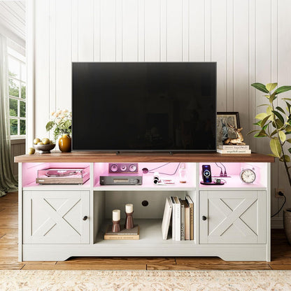 Blanc Meuble TV, Meuble Tele Avec Prises, USB Et LED | 4 Compartiments Ouverts, 2 Placards, Salon Et Chambre, 150 X 35 X 65 Cm